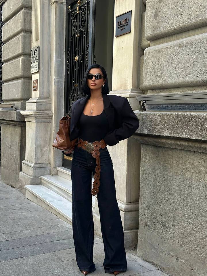 Women's navy blue wide leg dress with brown belt detail for wholesale by Shebelle