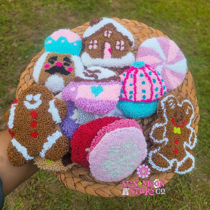 Christmas Mug Rug Punch Needle Coaster| Handmade Holiday Gift|Handmade Art| Christmas Ornament|Gingerbread|Handmade Christmas Coffee Coaster for wholesale by Sun Moon & Stars Co.