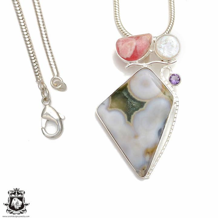 3 Inch Rhodochrosite Ocean Jasper Pendant & Chain P9051 for wholesale by SARAH DESIGNS JEWELRY