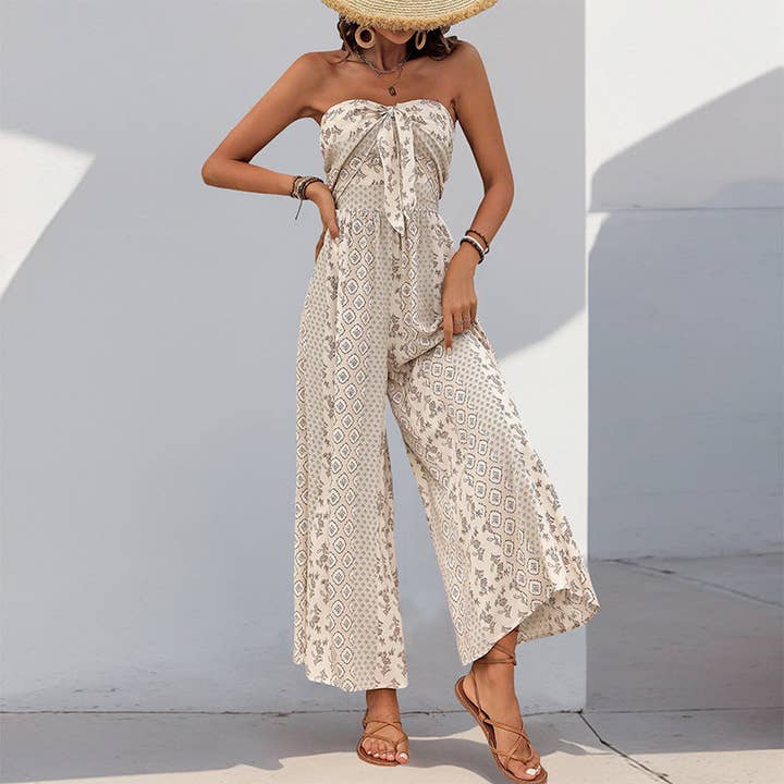 Lovesoft - Wholesale Jumpsuit - Women's - Strapless Smocked Romper Tube Top Flare Trousers Jumpsuit