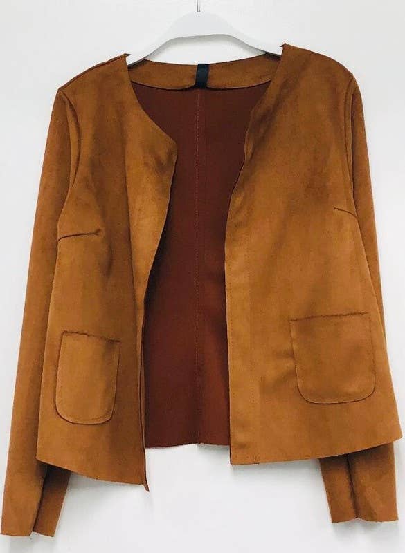 VENTI6 - Wholesale Jacket - Women's - RAW EDGE FAUX SUEDE OPEN JACKET WITH POCKETS(10210-CAMEL)