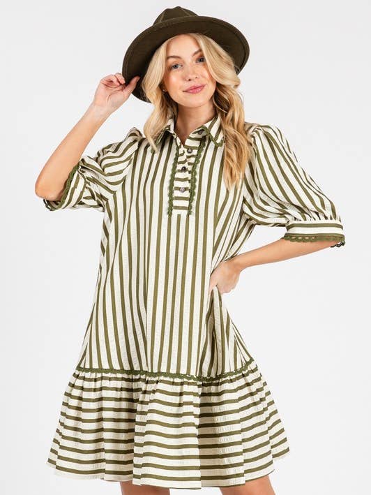 Women Woven Striped Short Bubble Sleeve Mini Dress for wholesale by Pink Irene Wholesale