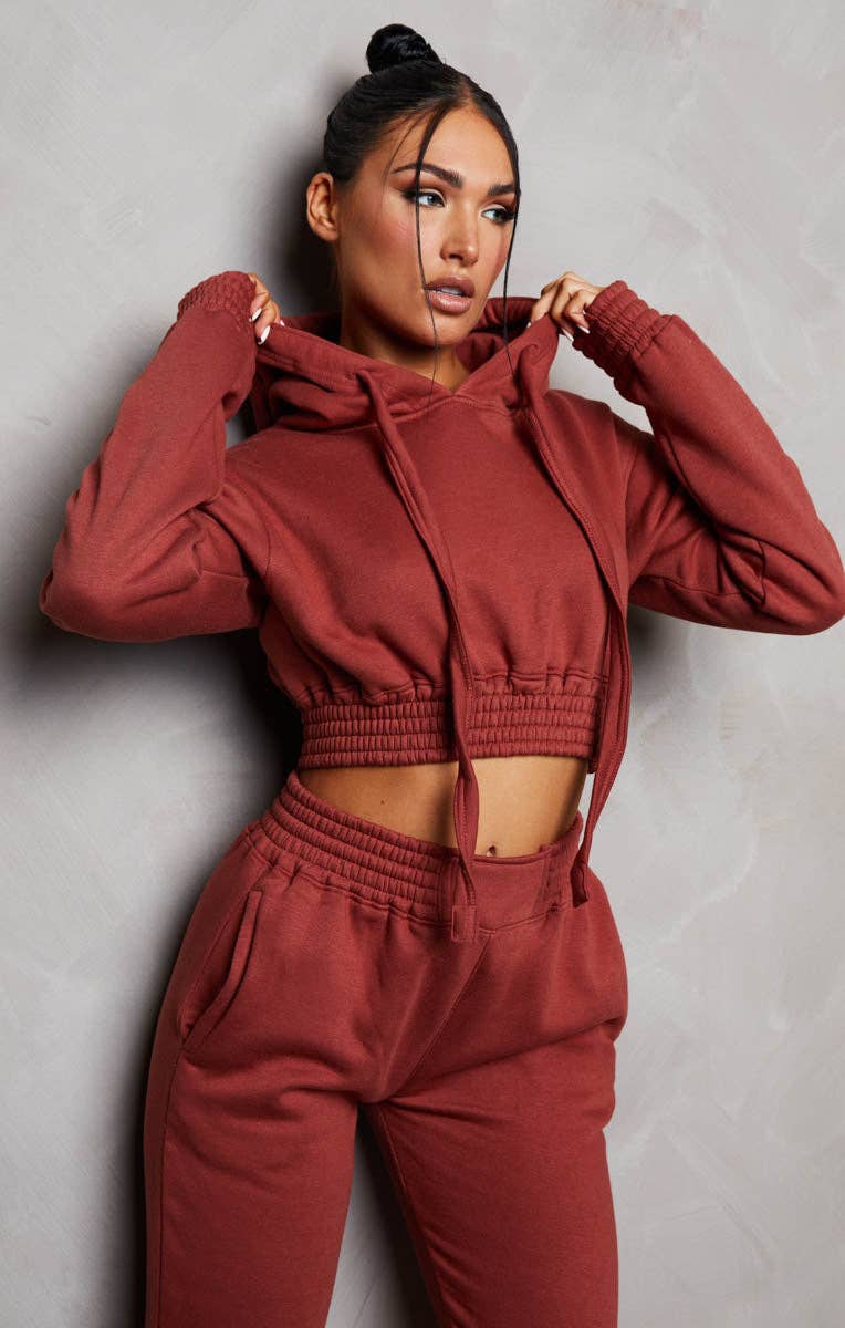 Femme Luxe – wholesale Lounge set – Women's – Rust Long Sleeve Crop Hoodie High Waisted Joggers Shirred Detail Fleece Loungewear Set - Costella6