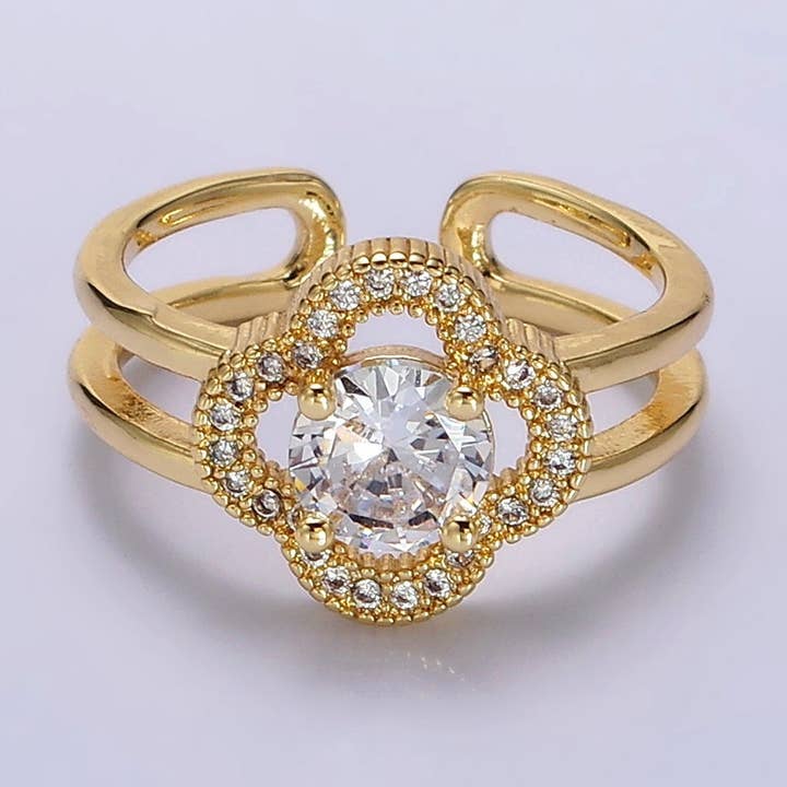 14K Gold Filled Clear CZ Quatrefoil Clover Double Band Ring for wholesale by Aim Eternal