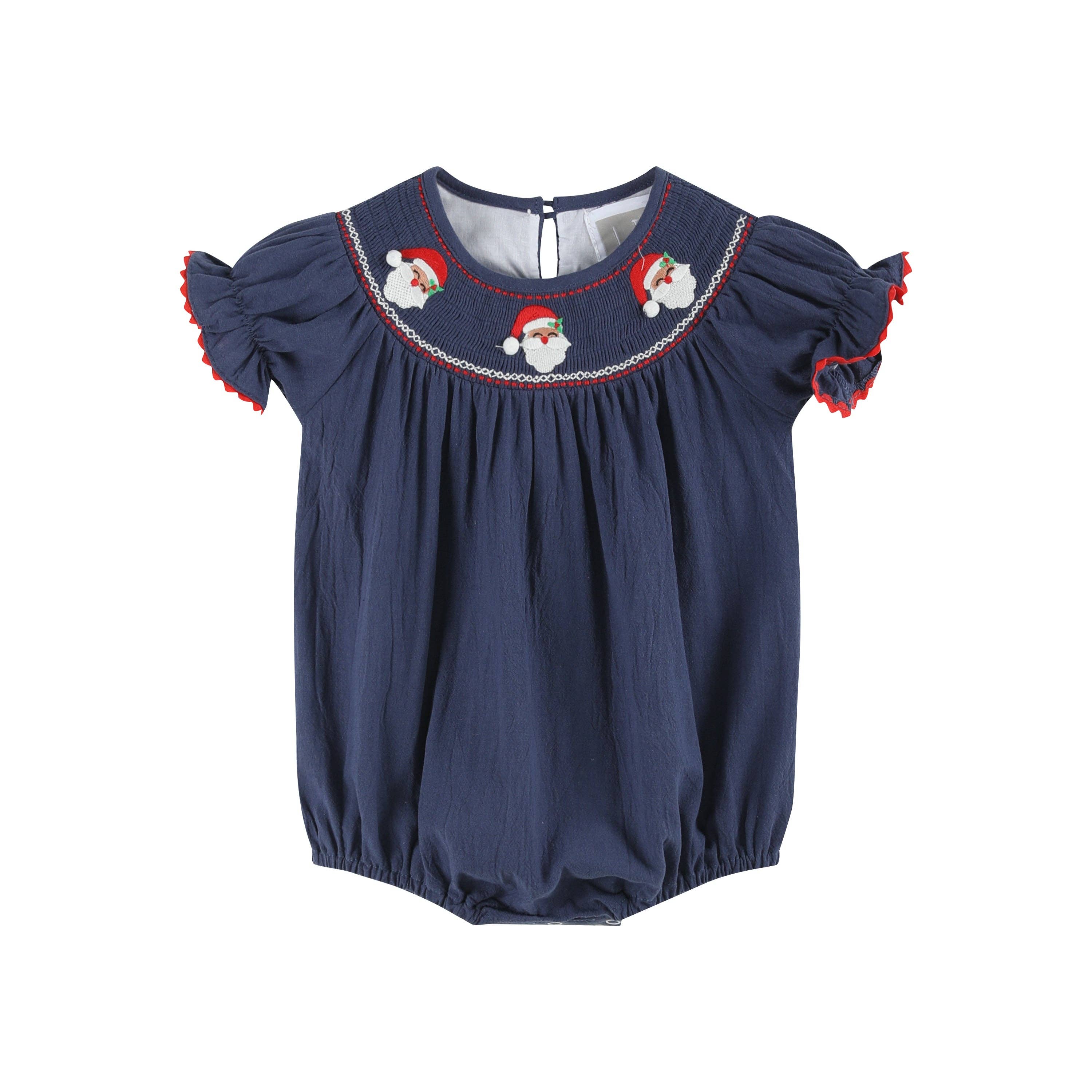 Lil Cactus - Wholesale Bodysuit (non-footed) – Baby - Navy Blue Santa Smocked Bubble Romper