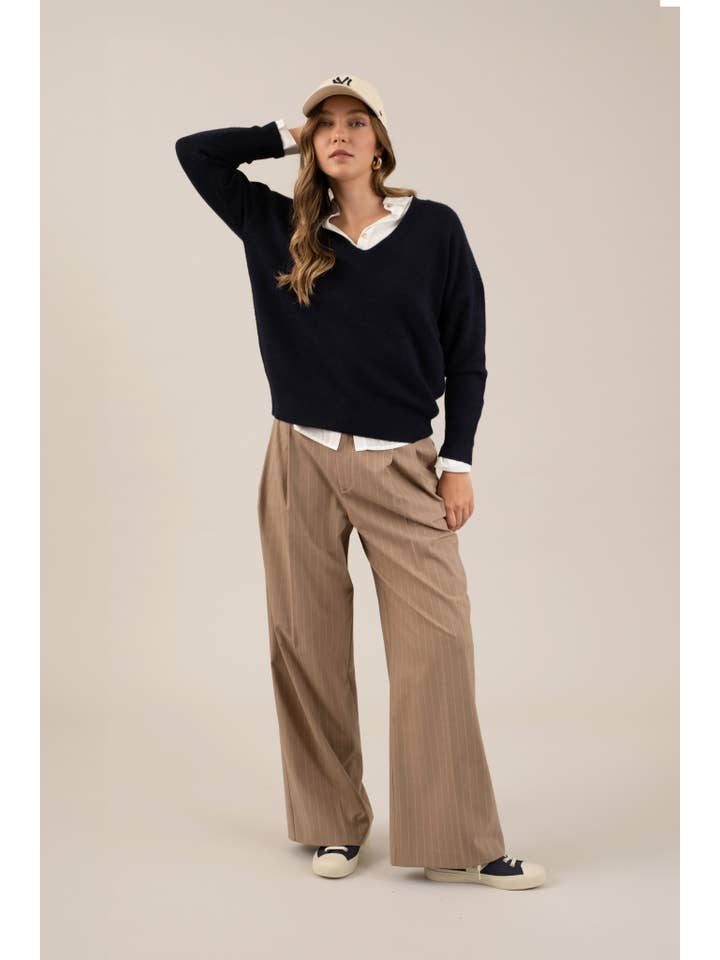 The Workshop Studio - Wholesale Knit Sweater - Women's - SOLID V NECK DROP SHOULDER KNIT SWEATER