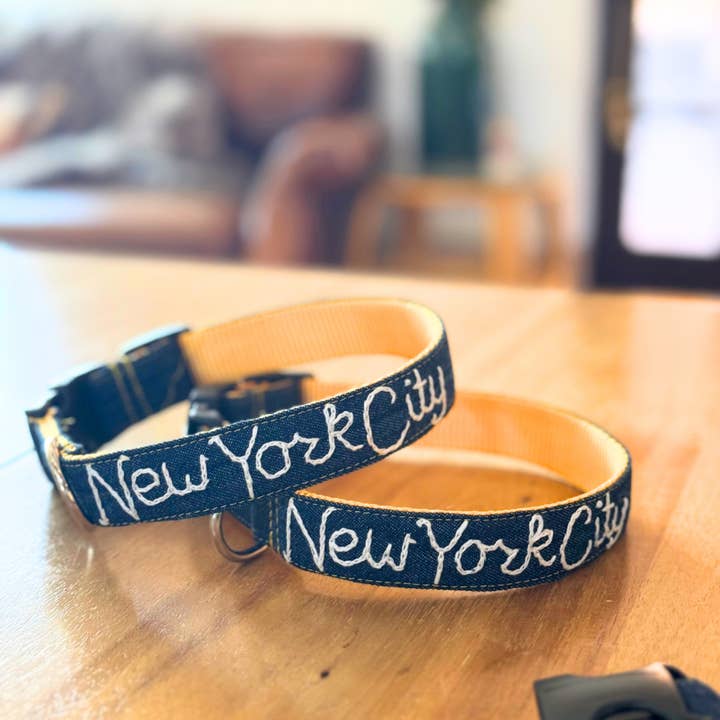 Mimi Green - Wholesale Pet Collar - Dog - Denim Hand Embroidered Dog Collar Personalized w/ Dogs Name