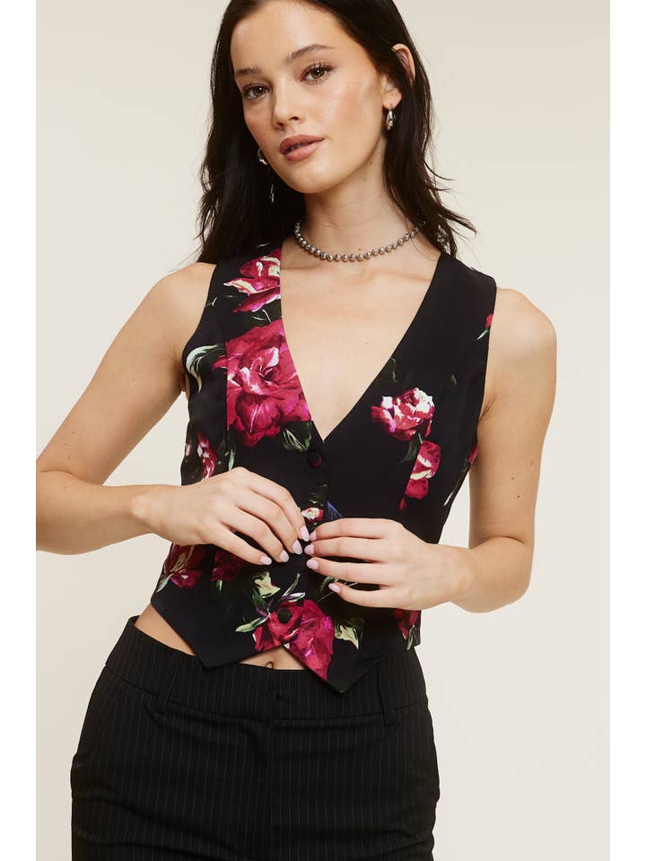 MT1594 SATIN EFFECT ROMANTIC ROSE PRINT VEST for wholesale on Faire