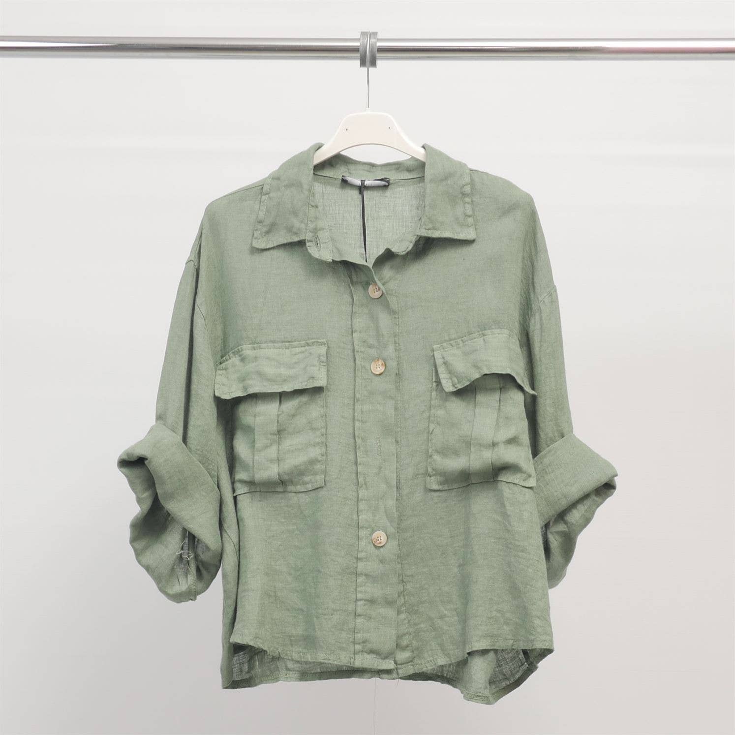 Cecile Wang - Wholesale Button Down Shirt - Women's - Short linen shirt with front pockets YX894413