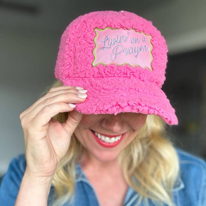 Embroidered Baseball Cap - "Livin' on a Prayer" -Pink Sherpa for wholesale by Taylor Elliott Designs