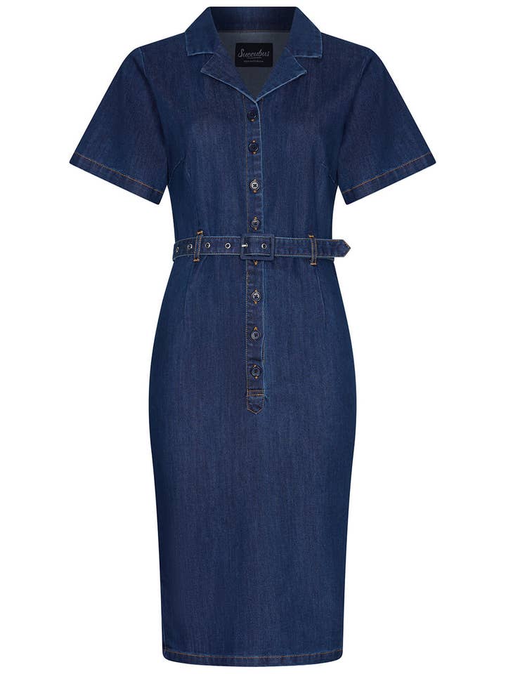 Vestido lápiz de mezclilla rubí de Succubus Clothing en azul marino para venta al por mayor de Succubus