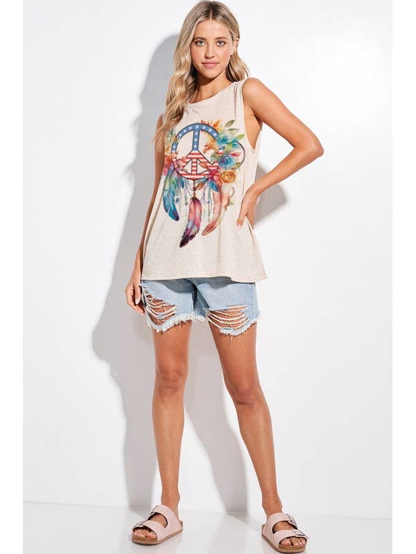 Plus size American peace print muscle tank top for wholesale by MintChoco