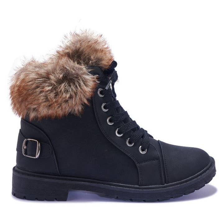 NNY2 FAUX FUR COLLAR FLAT LACE UP BOOT for wholesale by City Shoes