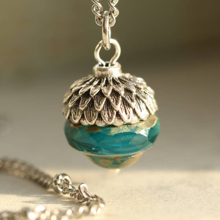 Silk Purse, Sow's Ear – wholesale Pendant/charm necklace – Teal Silver Acorn Necklace