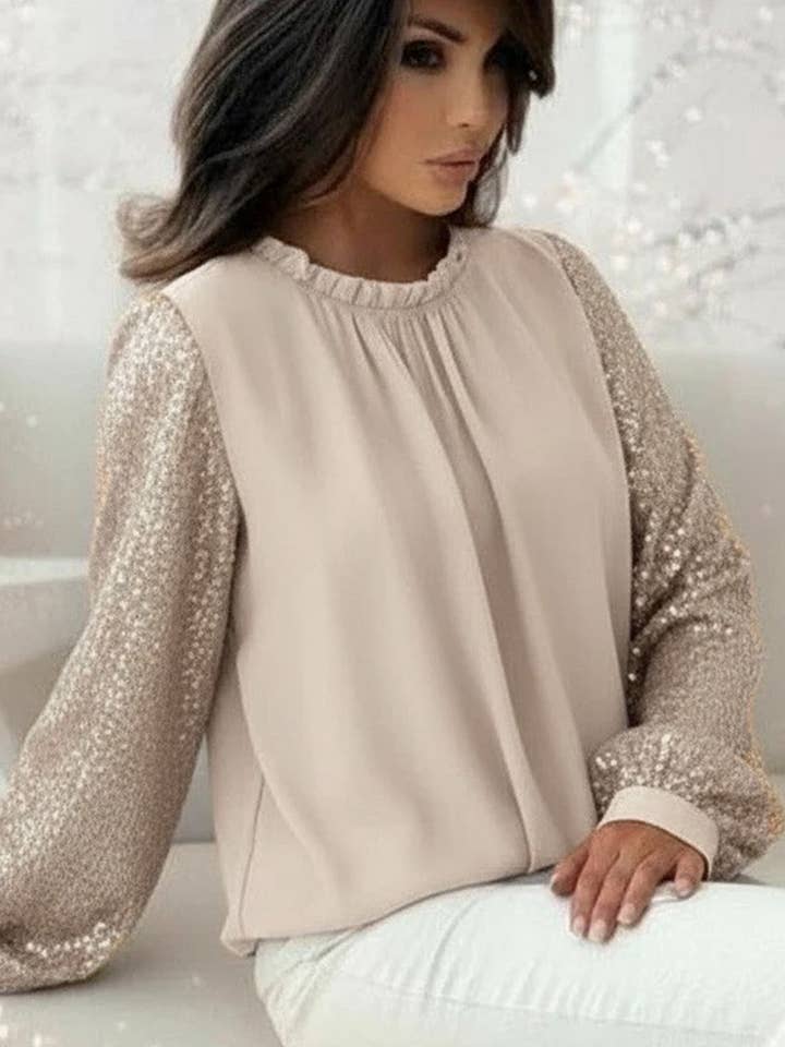 Blusa in chiffon con maniche a paillettes Iva, scollo con volant - Pietra per la vendita all'ingrosso da parte di Catwalk Wholesale