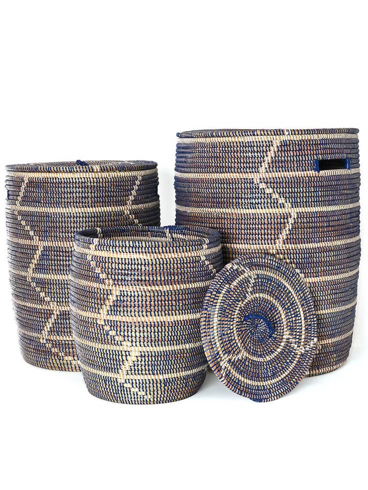Set of Three Blue and White Beveled Block Nesting Hamper Baskets for wholesale by African Modern