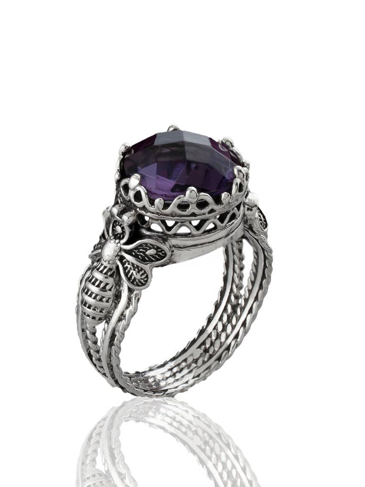 Art Bee Detailed Amethyst Women Sterling Silver Ring for wholesale by Filigranist Jewelry