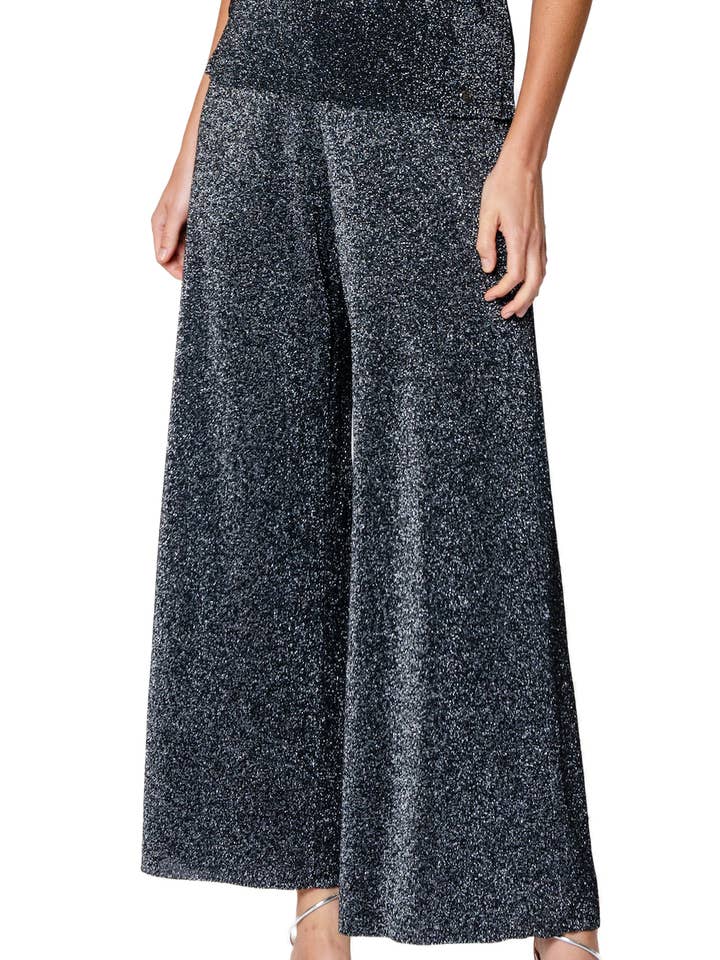 Paola Wide Leg Shimmery Pant; Silver Black for wholesale by Biana