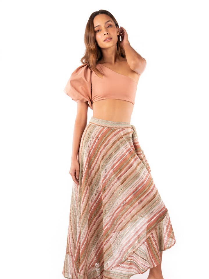 Eugenia Wrap Skirt in Peony Colorway Weaved Fabric  for wholesale by SANLIER