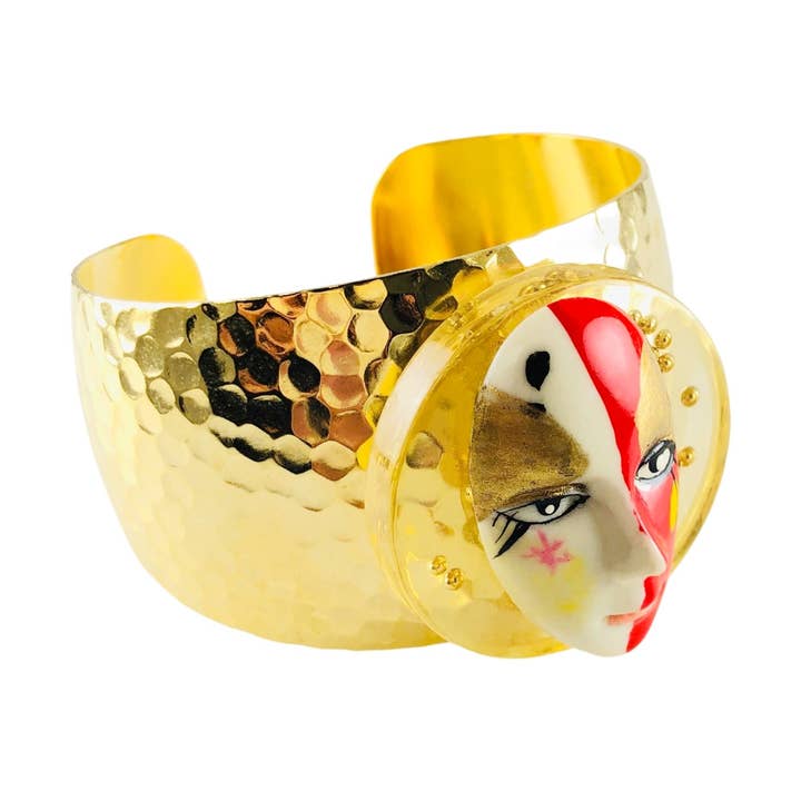 Harlequin Vintage Disc Lucite Mask Hammered Cuff Bracelet for wholesale by MizDragonfly