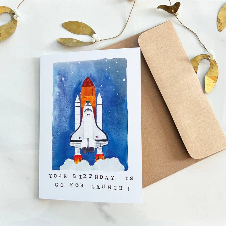 Rocket "Your Birthday is Go for Launch" Card, A7 for wholesale by Red Chile Design Co