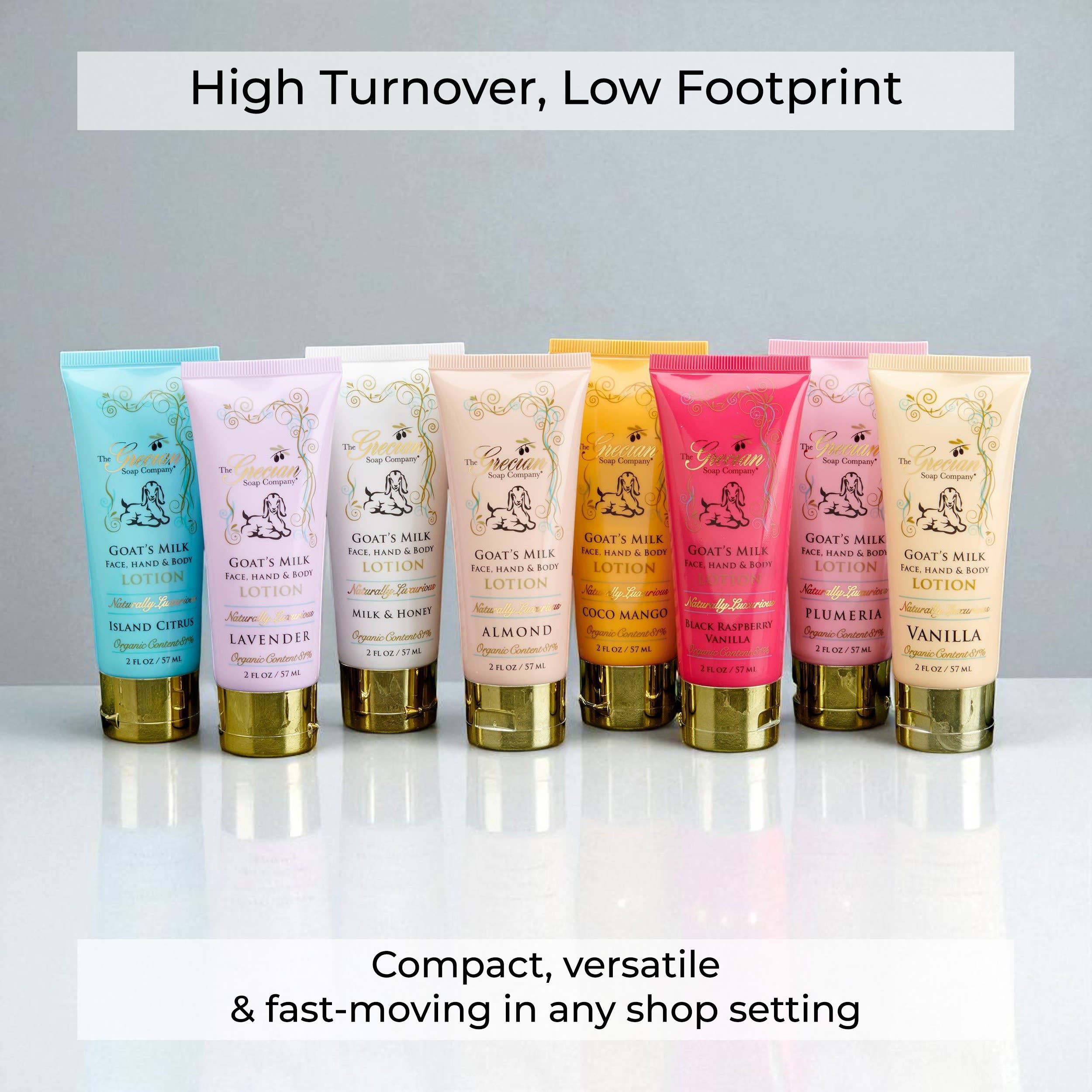 The Grecian Soap Company – Großhandel Körperpflegecreme/Bodylotion – Bio-Gesichts- und Körperlotion mit Ziegenmilch in 2-oz. Tuben12