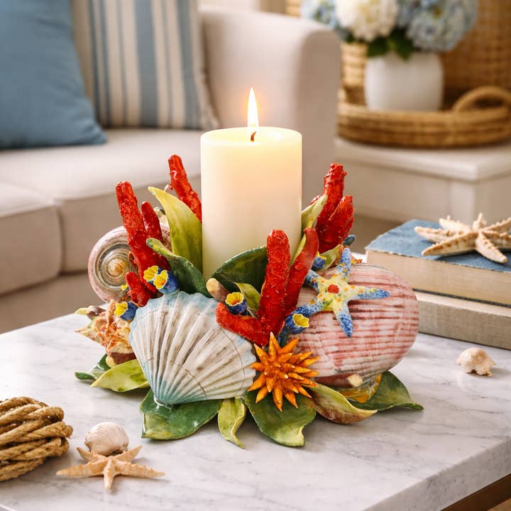 Italian Ceramic Coastal Candle Holder 30cm – Sea Life Design per la vendita all'ingrosso da parte di LUEM ART ceramiche e porcellane di Capodimonte Made In Italy