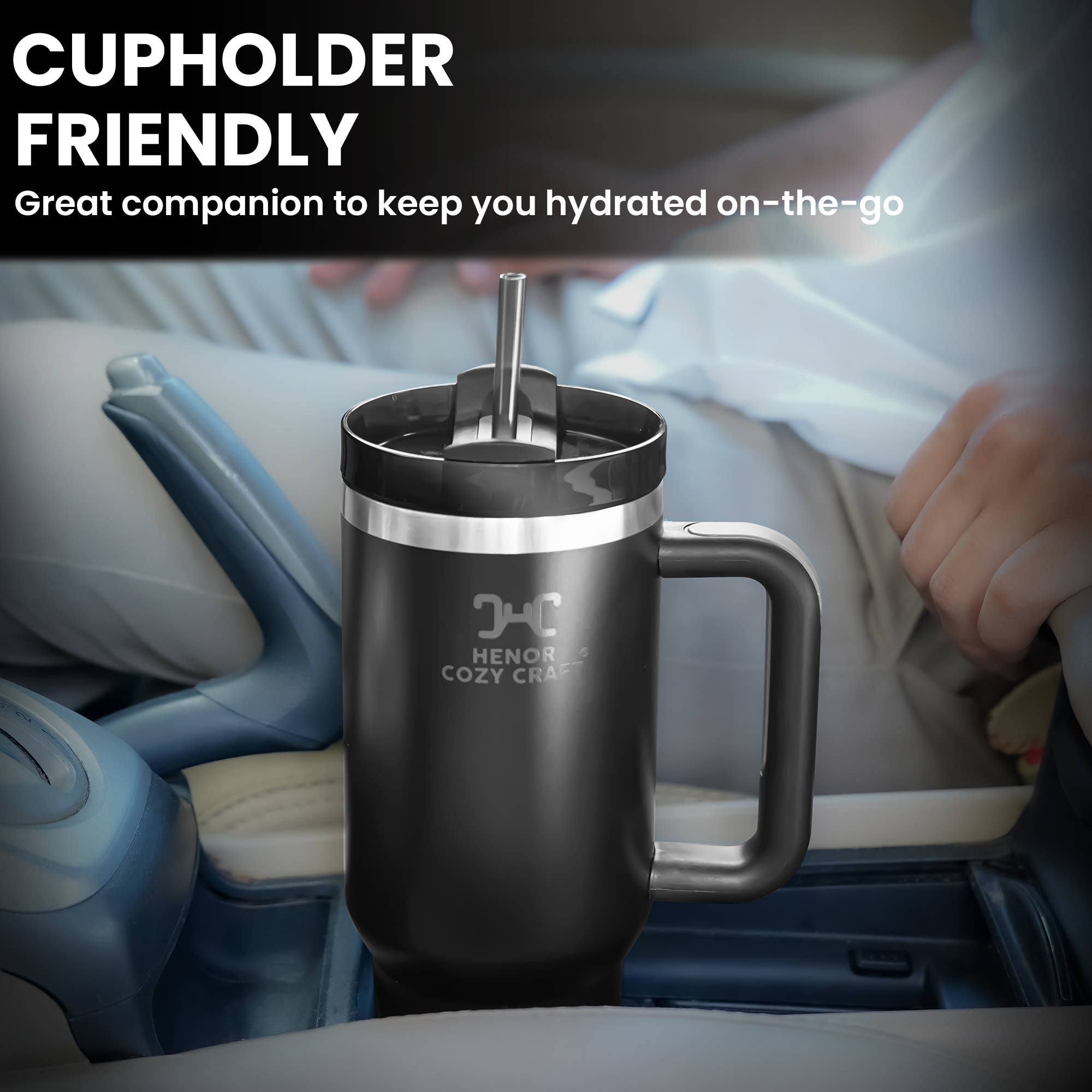HENOR COZY CRAFT - Wholesale Insulated Mug/Tumbler - HENOR COZY CRAFT 40 Oz Black Tumbler With Handle2