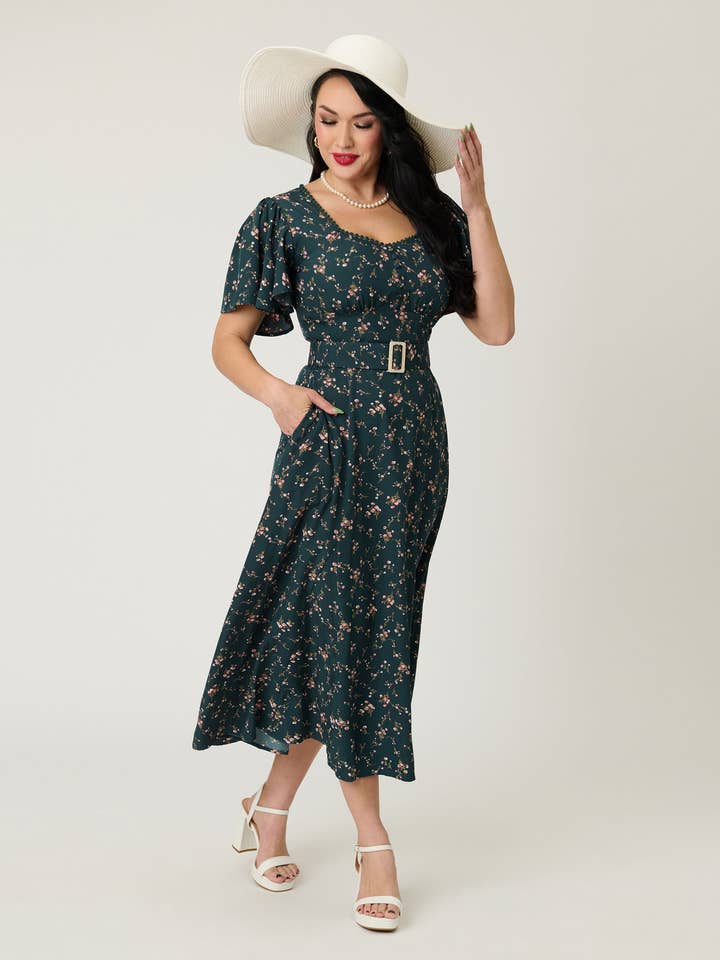 Unique Vintage 1940s Teal Ditzy Floral Print Midi Dress for wholesale by Unique Vintage