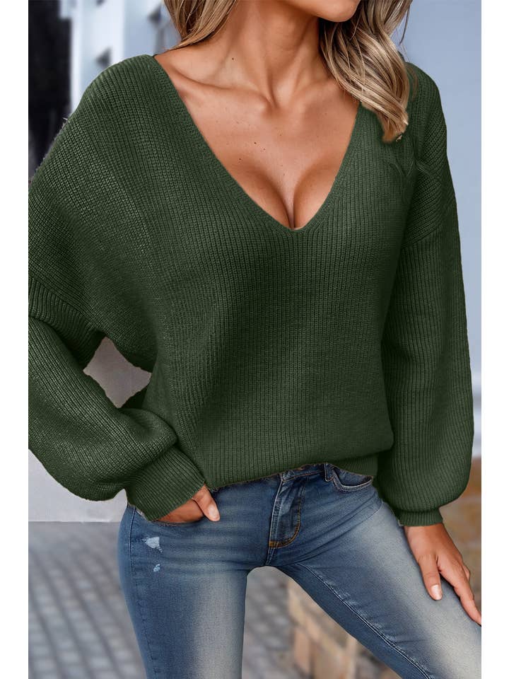 Aapparella - Wholesale Knit Sweater - Women's - Grace Knot Back V Neck Puff Sleeve Sweater | S-XL