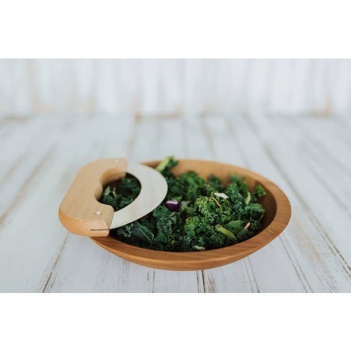 Holland Bowl Mill - Wholesale Bowl - 9" Beech Bowl with Mezzaluna Knfie Bee's Oil Finish1