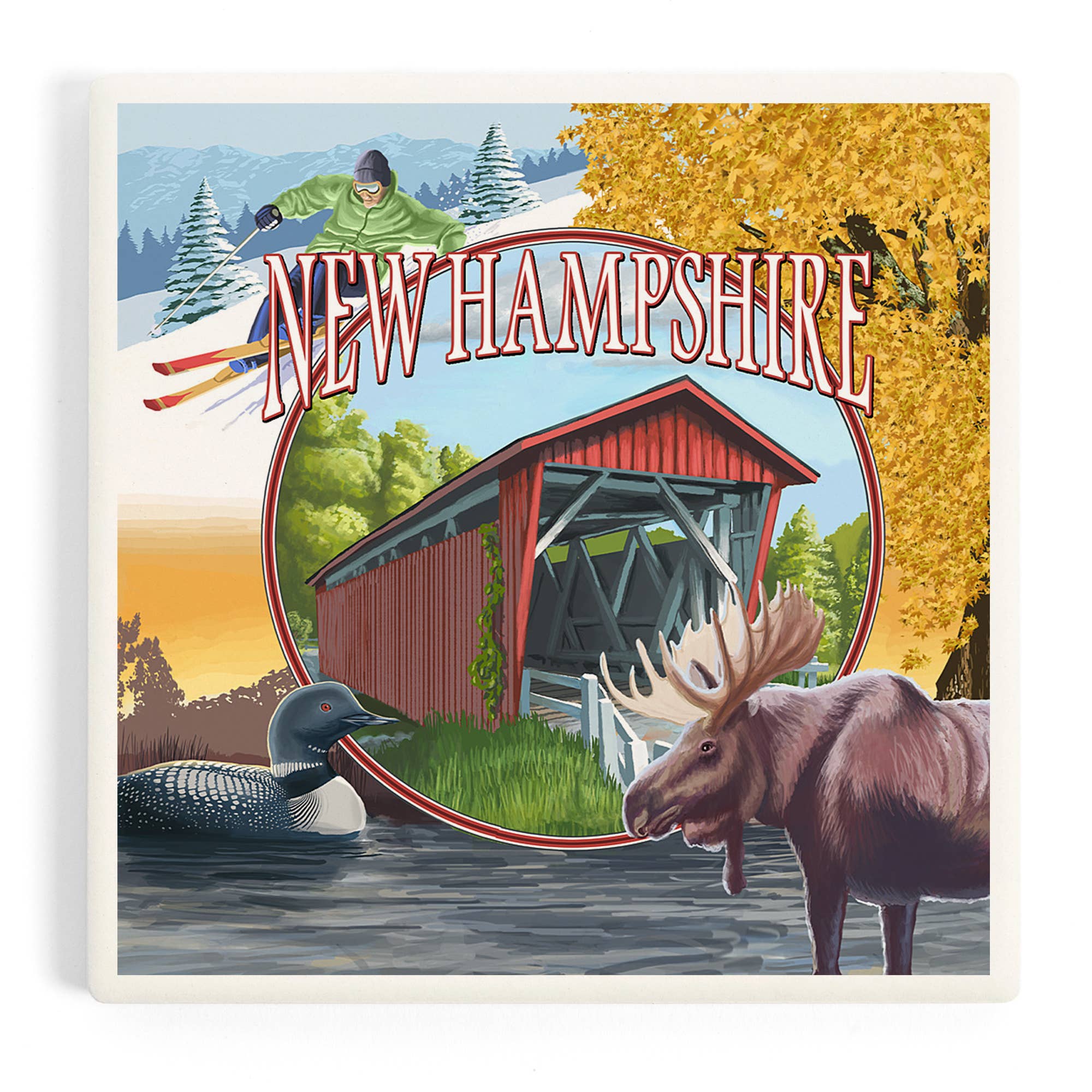 Lantern Press – wholesale Coasters – CERAMIC COASTER New Hampshire, Montage Covered Bridge0