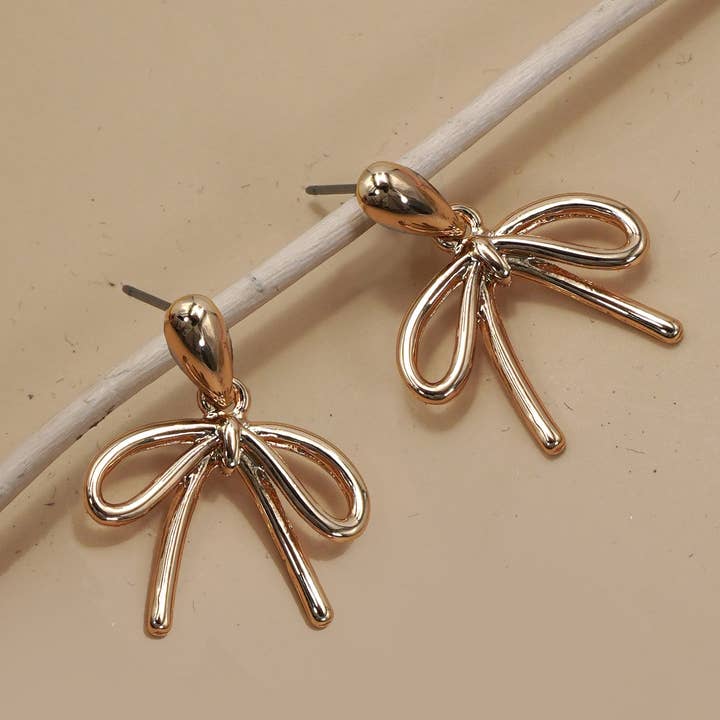 Gold TEARDROP STUD BOW CHARM DROP EARRINGS | 80E06258 for wholesale on Faire
