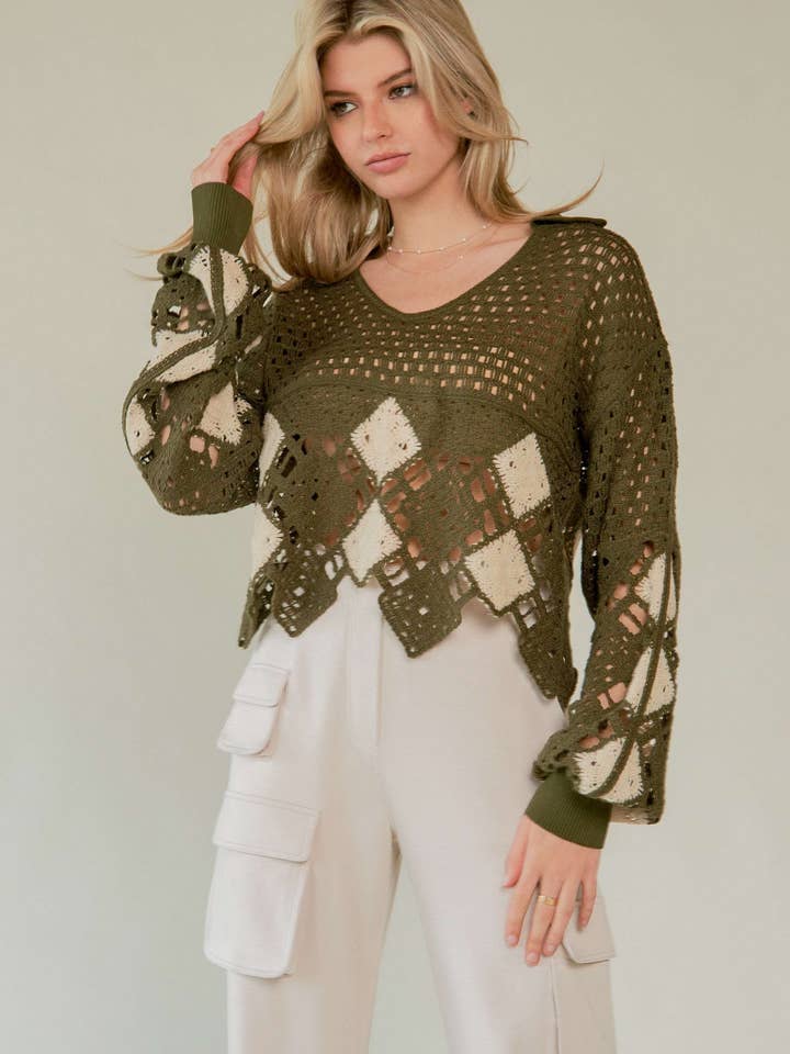 HÆKLET V-HALS LANGÆRMET STRIK SWEATER TOP for engroshandel hos Davi & Dani