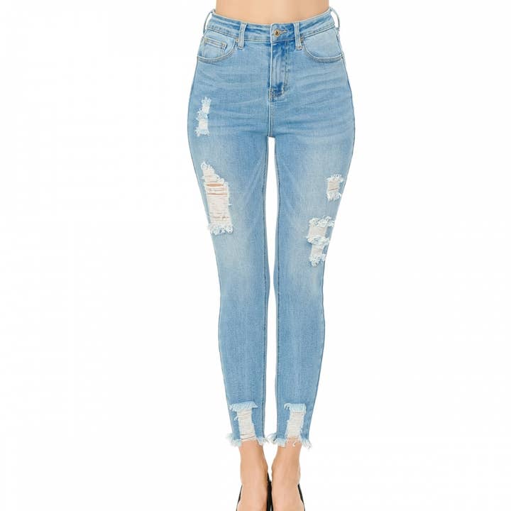 AUTHENTIC DENIM ANKLE SKINNY WITH HEM DESTRUCTION for wholesale by BELLA LUNA