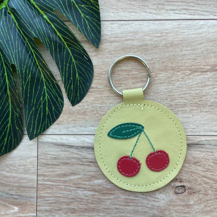 Leather Keychain, Yellow with Cherries Design for wholesale by Mally Designs