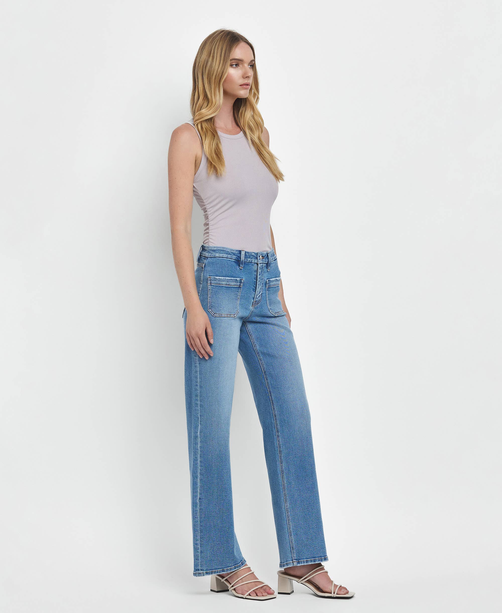 FILANTROPISCH HOGE TAILLE PATCH ZAK WIJDE PIJPEN JEANS LV1479 voor groothandel op Faire6
