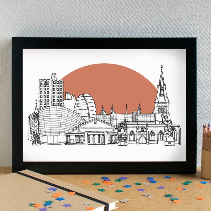 Leicester Skyline Landmarks Art Print - unframed for wholesale by Becka Griffin Illustration