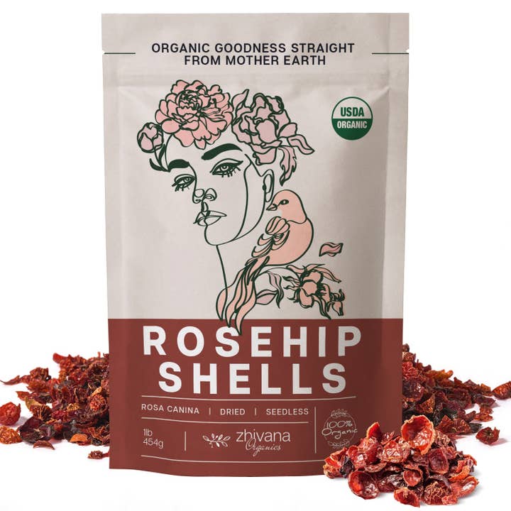 Biologische Gedroogde Rozenbottelschillen Zonder Zaden - 1 LB voor wholesale door Zhivana Organics