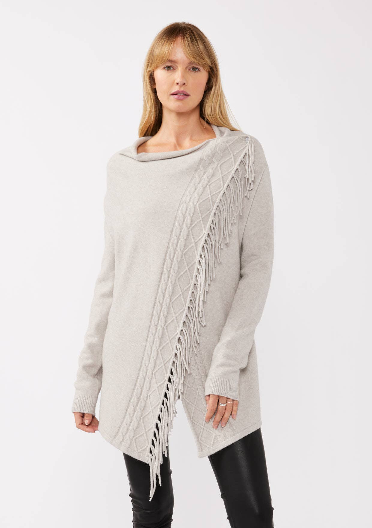 Lovestitch - Wholesale Cardigan - Women's - Cowl Neck Fringe Cable Cardigan0