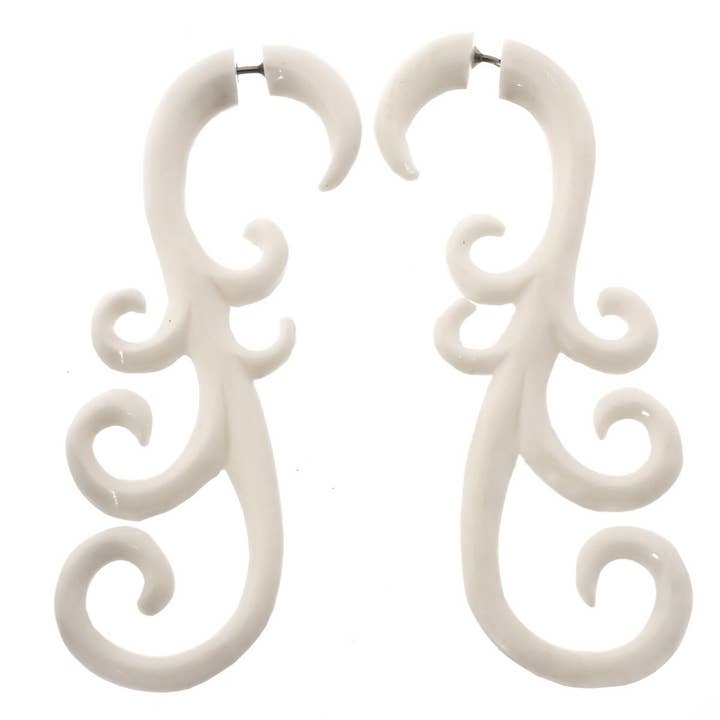 fake gauge white bison bone tribal carved ethnic body jewelry post earrings, 3" for wholesale by FifiRose
