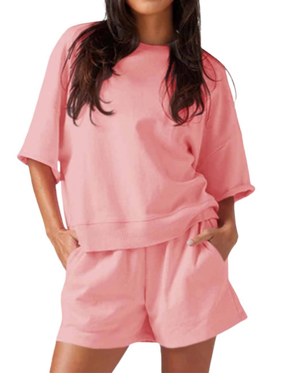 Sweetkama - Wholesale Lounge Set - Women's - Ladies Solid Color Round Neck Short Sleeves Top & Shorts 2PCS Set