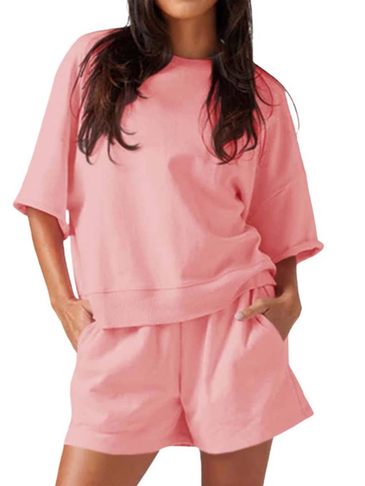 Sweetkama - Wholesale Lounge Set - Women's - Ladies Solid Color Round Neck Short Sleeves Top & Shorts 2PCS Set0