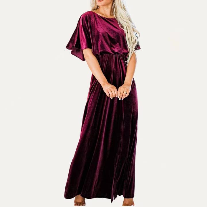 The Moment Collection - Wholesale Dress - Women's - Solid Velvet Round Neck Half Sleeves Maxi Dress