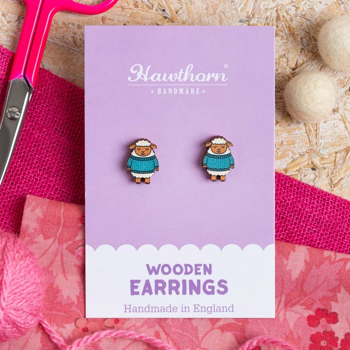 Woolly Sheep Wooden Earrings - Knitting Jewellery for wholesale by Hawthorn Handmade (US Duties Paid)