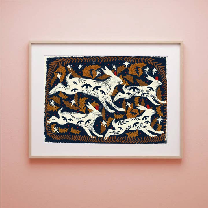 Carole Hillman - Wholesale Art Print - Hares dark blue background print