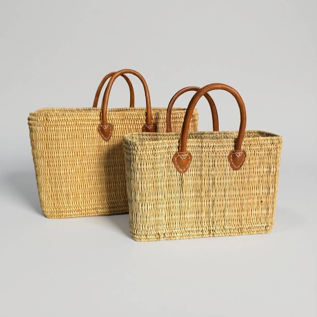 Melecraft - Wholesale Basket - Reed Market Basket Leather Handles - Natural Woven Tote Bag12