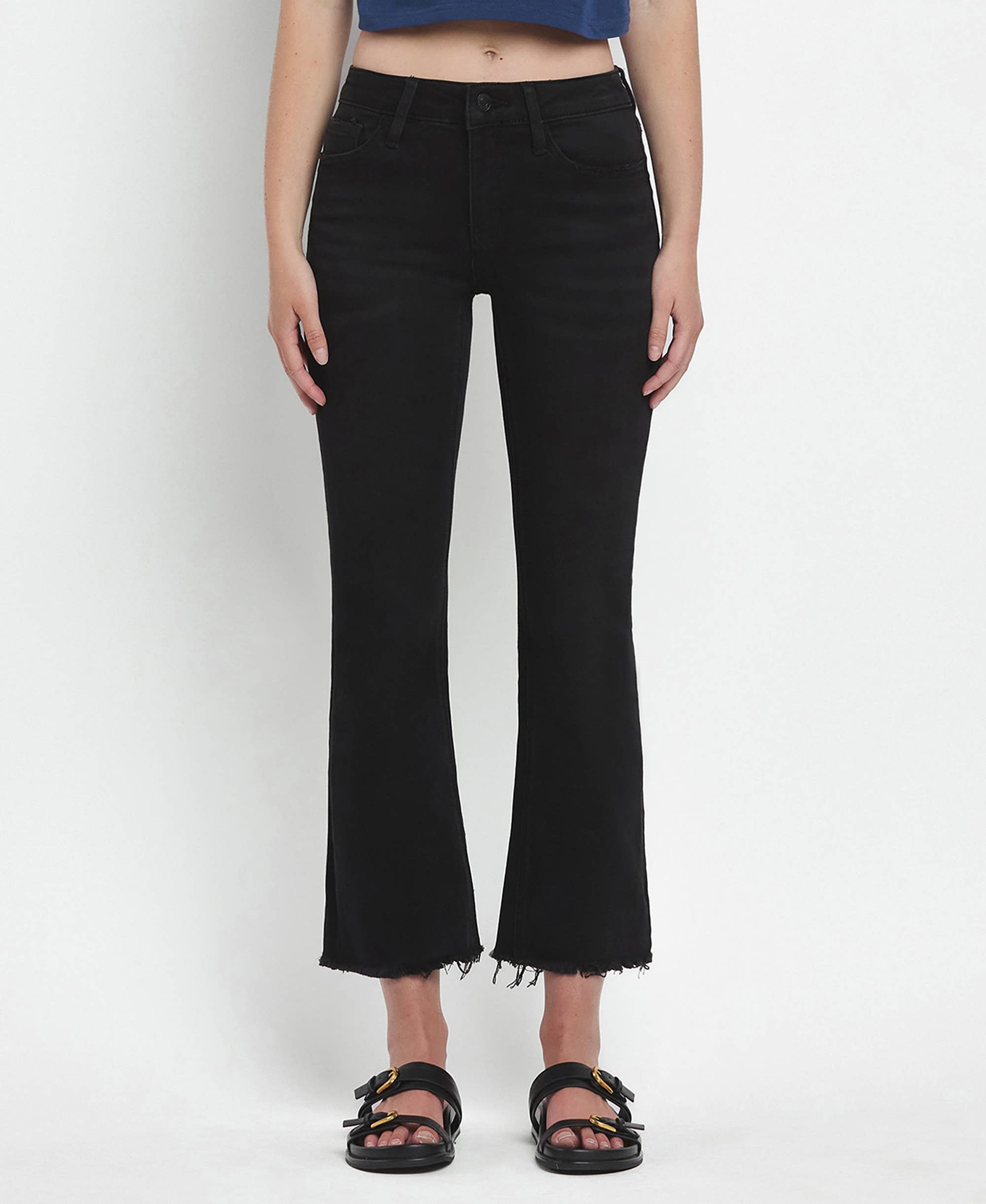 GRANDEUR MID RISE RAW DISTRESSED HEM CROP FLARE JEANS LV1145 for wholesale on Faire0