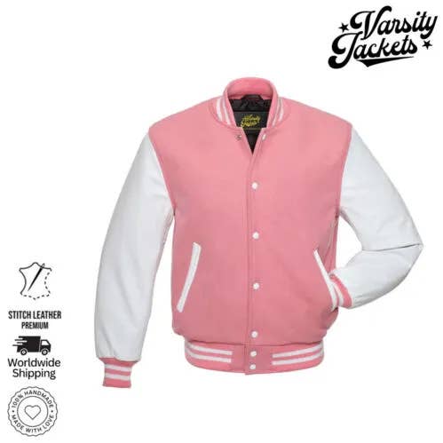 Pink Wool & White Leather Sleeves Classic Letterman Jacket for wholesale by Varsity Craft