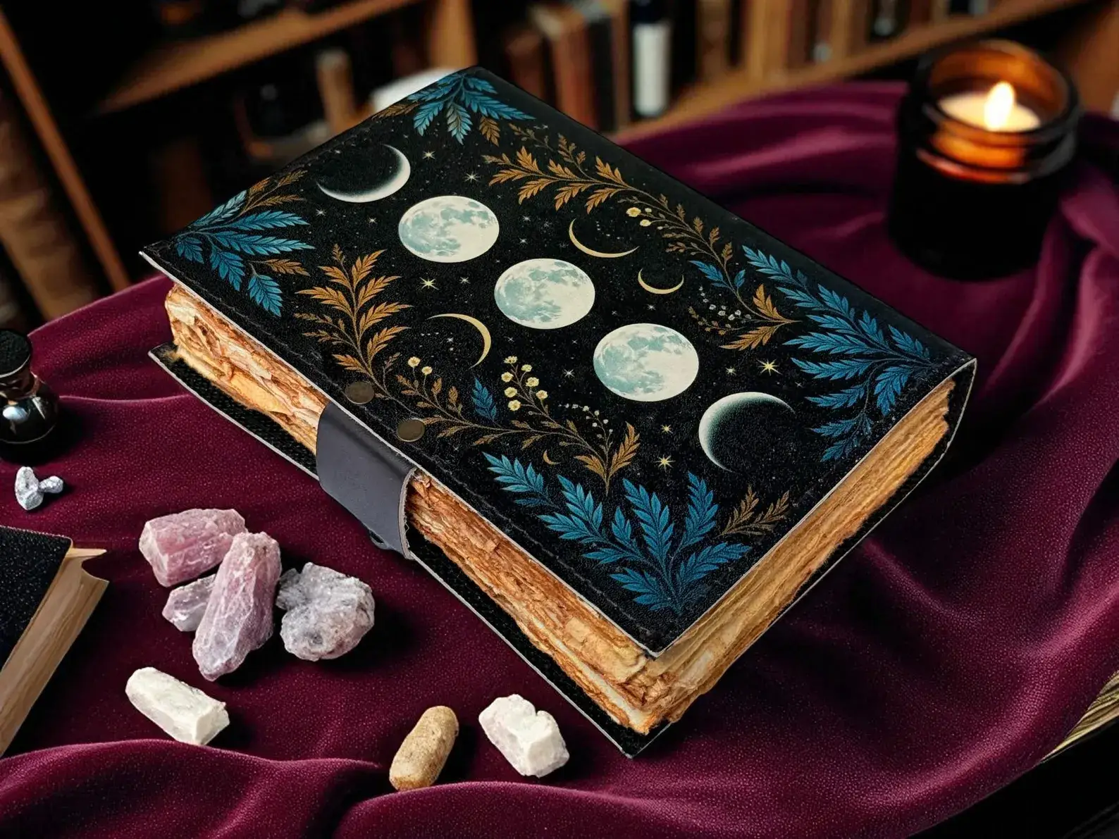 Black Moon Phase Grimoire leather journal Notebook Book of shadow for wholesale on Faire1